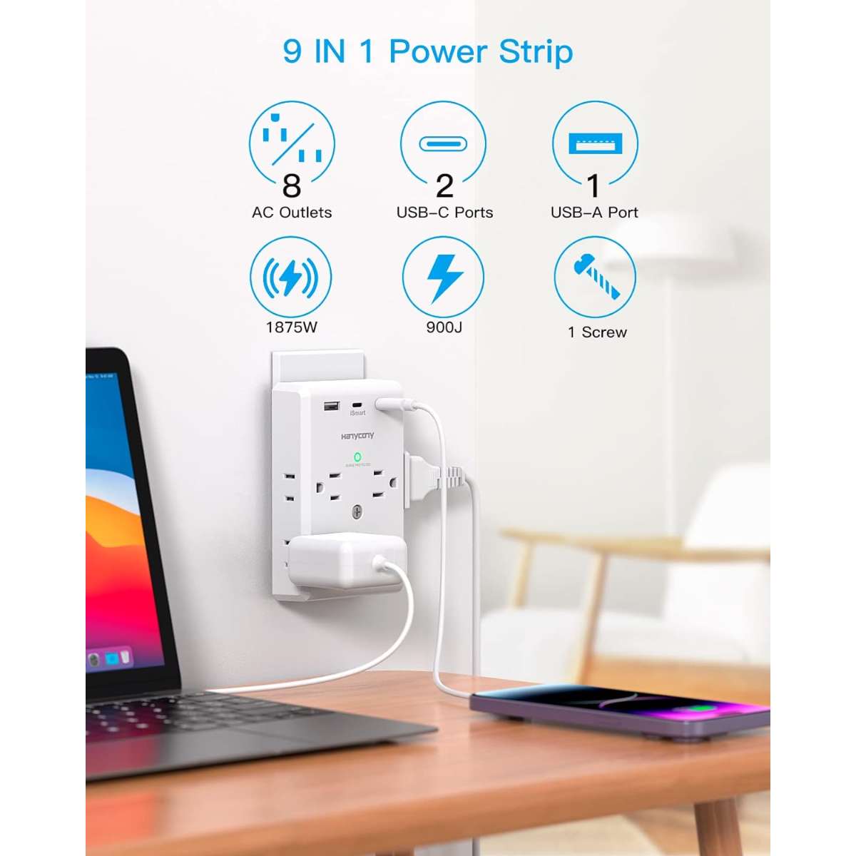Multi-Plug Socket Extender with USB C Port, ETL Listing