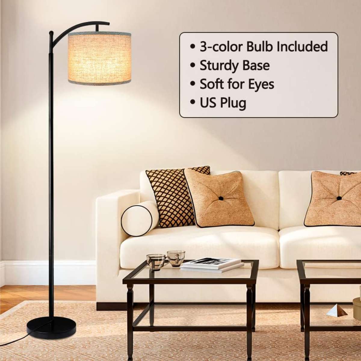 Living room floor lamp, 3 color temperature LED bulbs - black