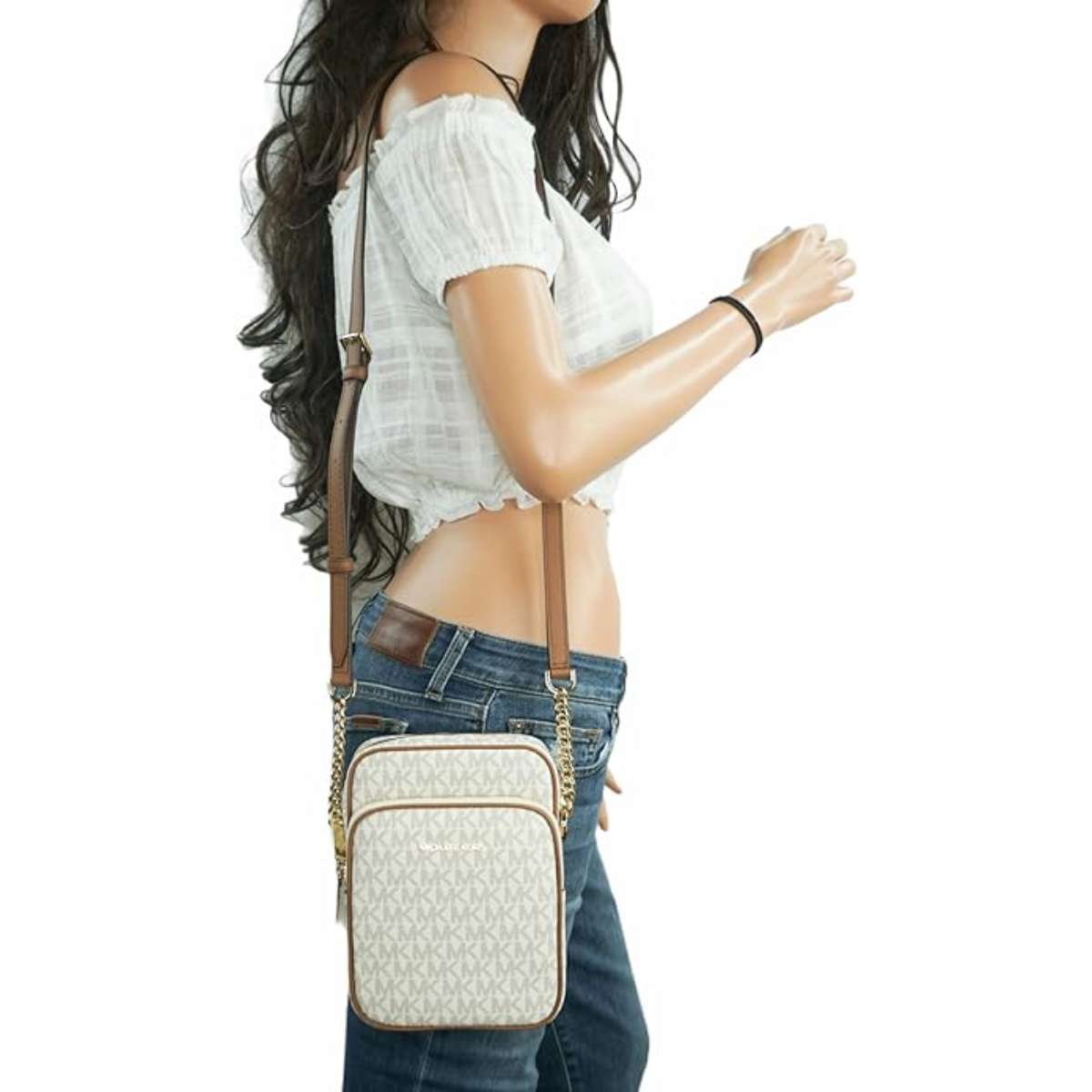 Michael Kors Jet Set Travel Signature PVC Medium Logo Chain Crossbody Flight Bag