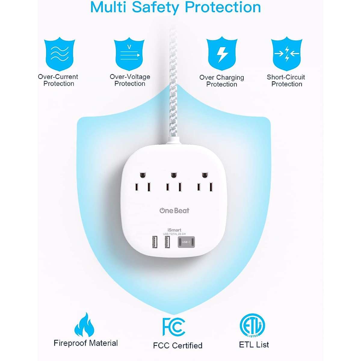 Flat Plug Power Strip, 5 ft Ultra Flat Extension Cord