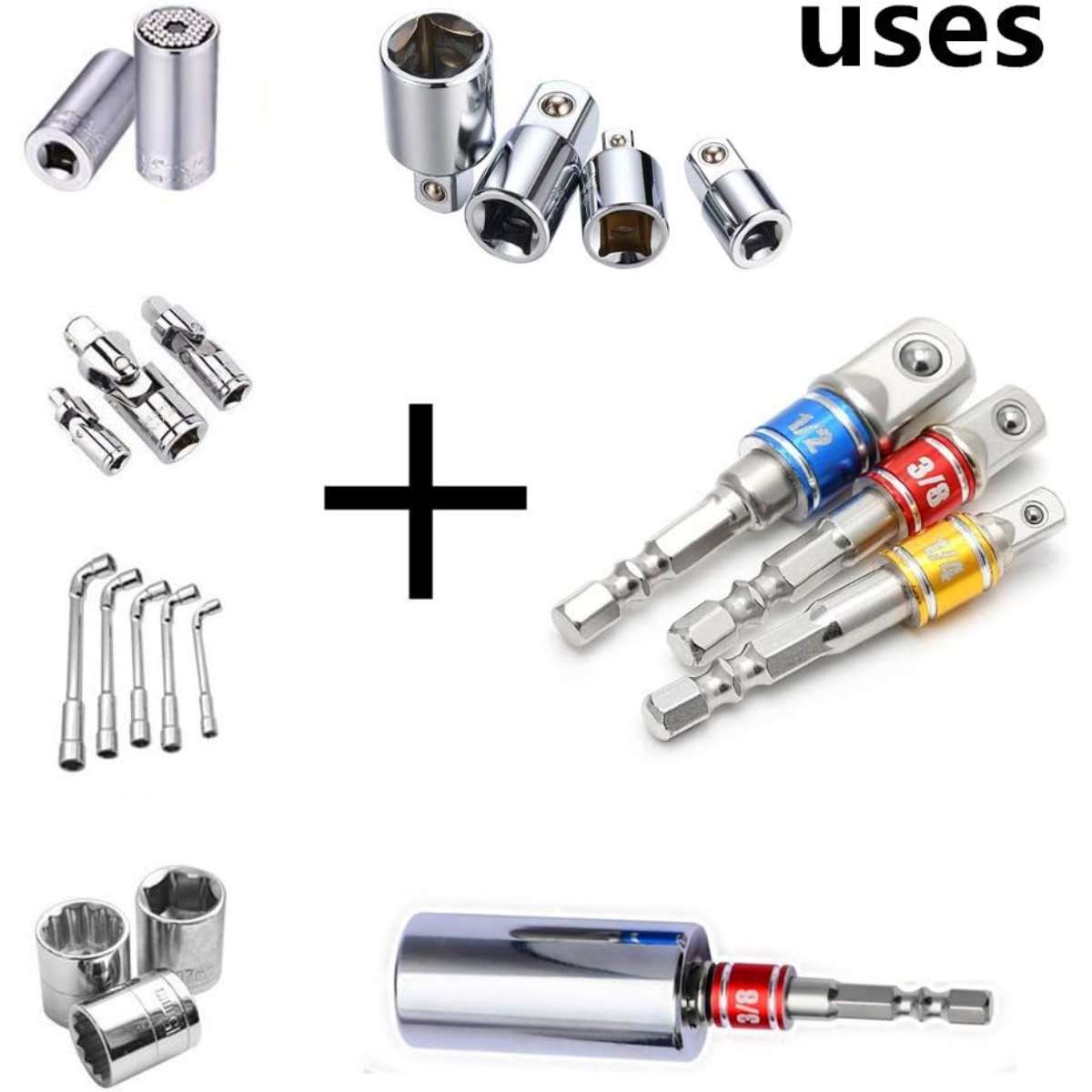 Impact-grade socket adapters/extension kits turn the drill into a high-speed nut driver