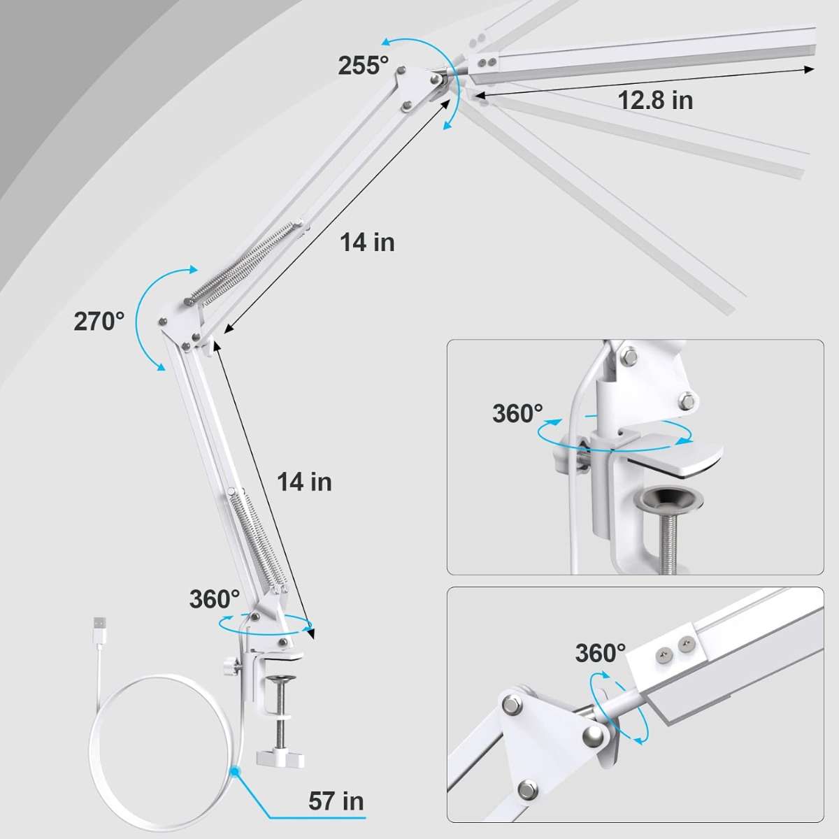 LED Desk Lamp, Swing Arm Desk Lamp with Clip White-14W