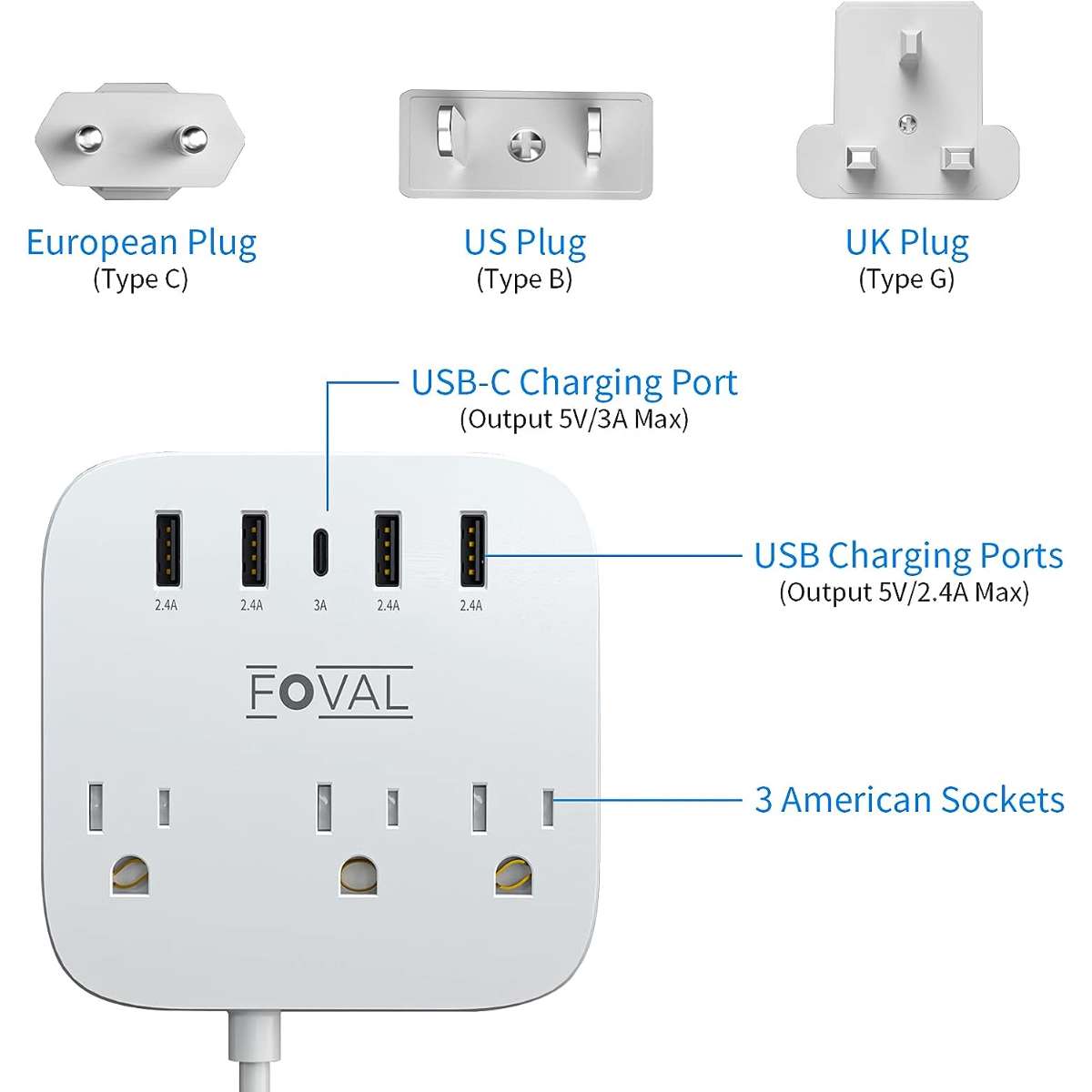 European Travel Plug Adapter, Foval Ouukeus Power Strip