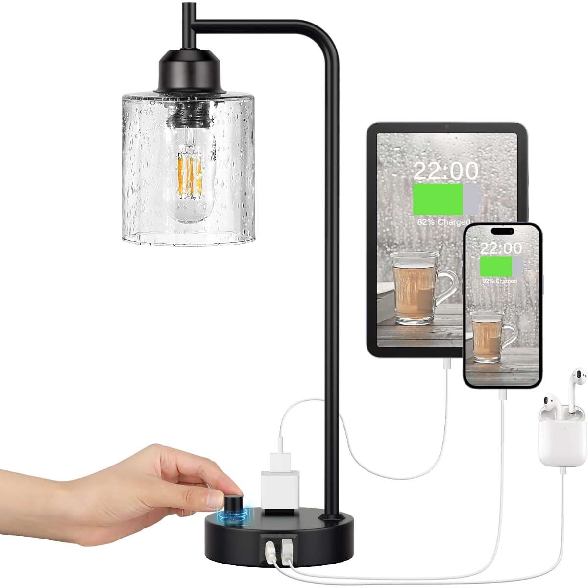Industrial bedside table lamp for bedroom - Bedside table lamp with USB C charging port
