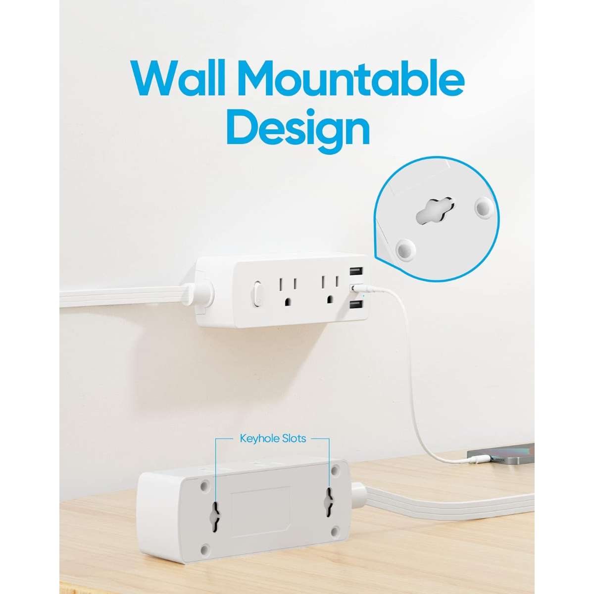 Flat Plug Power Strip, Olcorife Flat Extension Cord 5 ft., White