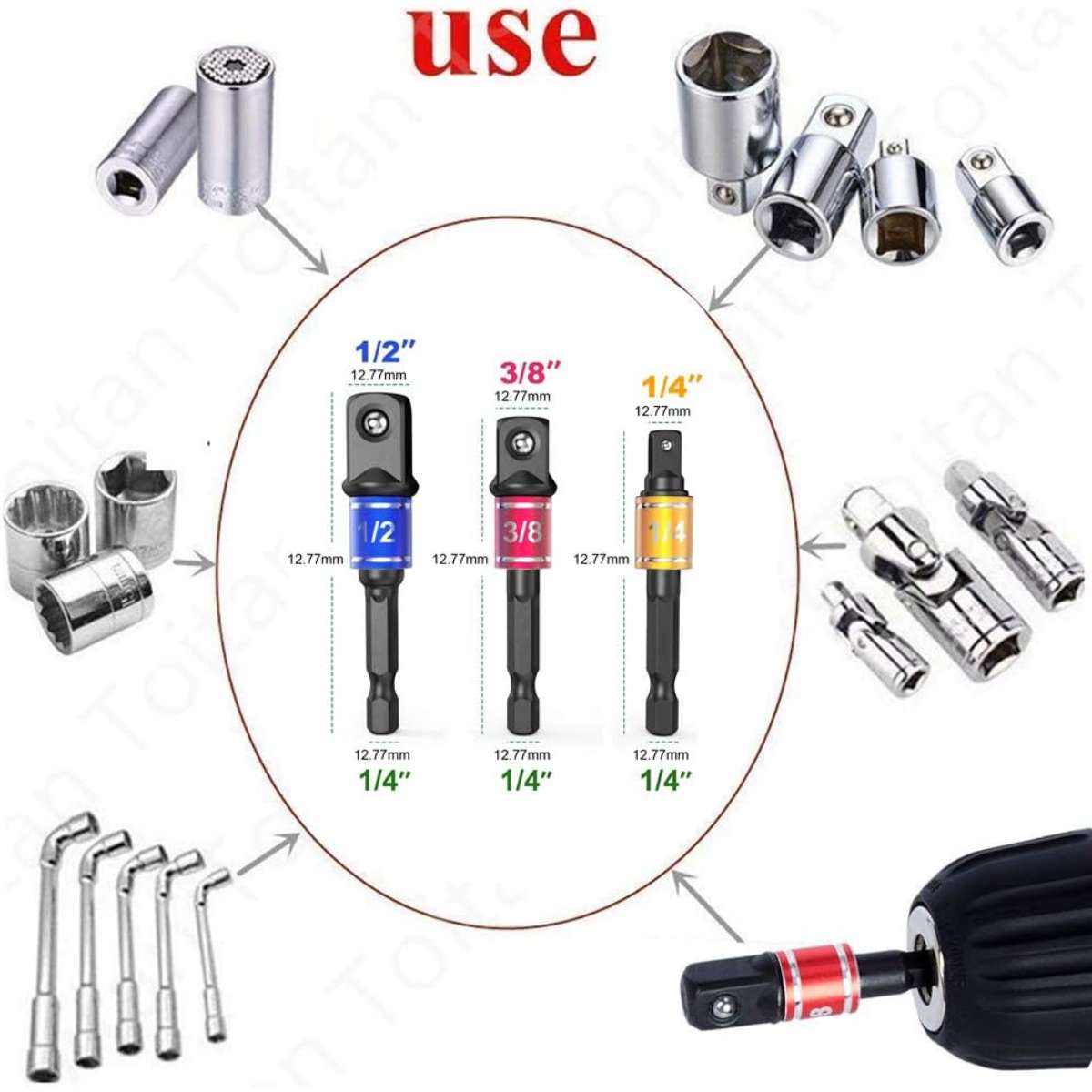 Impact-grade electric hand tool drive socket adapter expansion kit