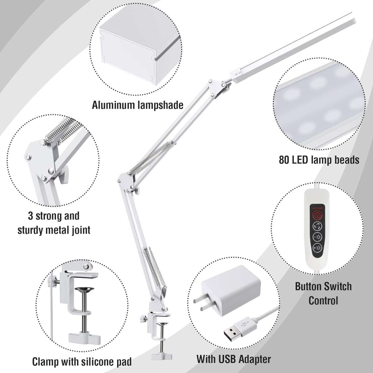 LED Desk Lamp, Swing Arm Desk Lamp with Clip White-14W