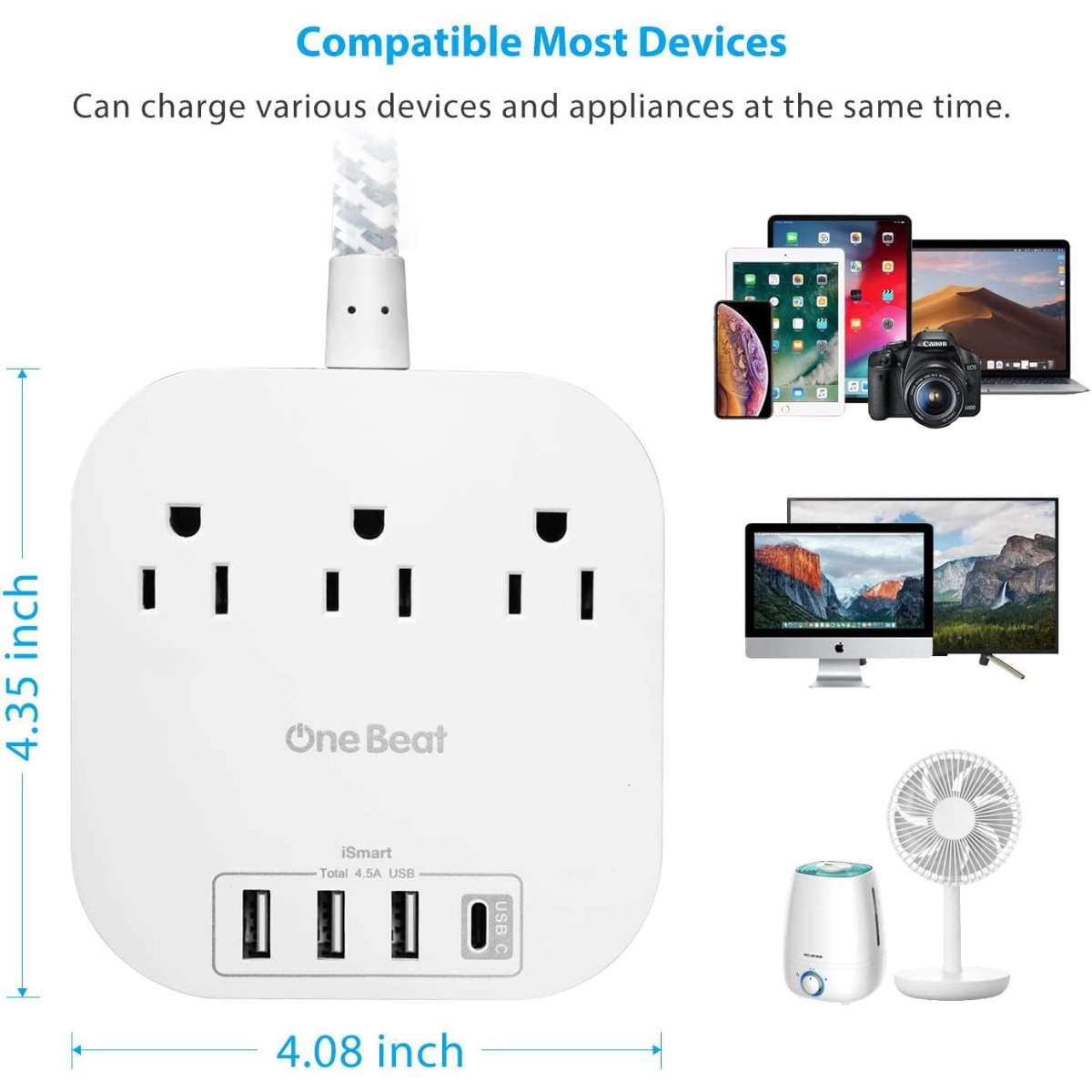 Power strip with USB C, 3 sockets 4 USB ports