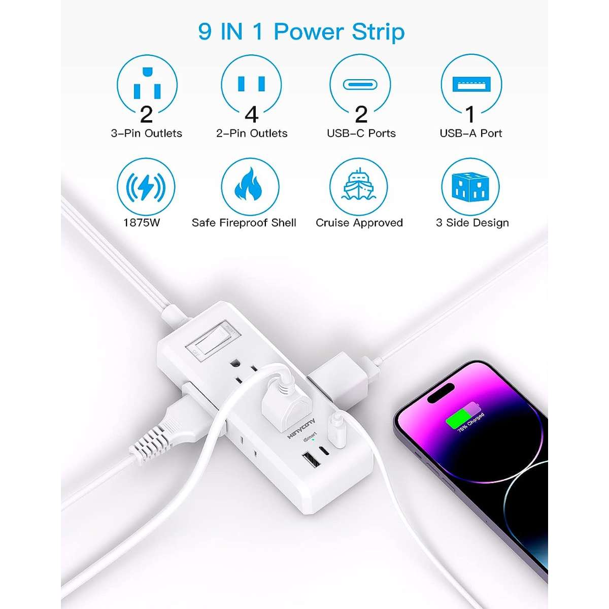 Flat plug power strip, 6 sockets 3 USB ports (2 USB C)