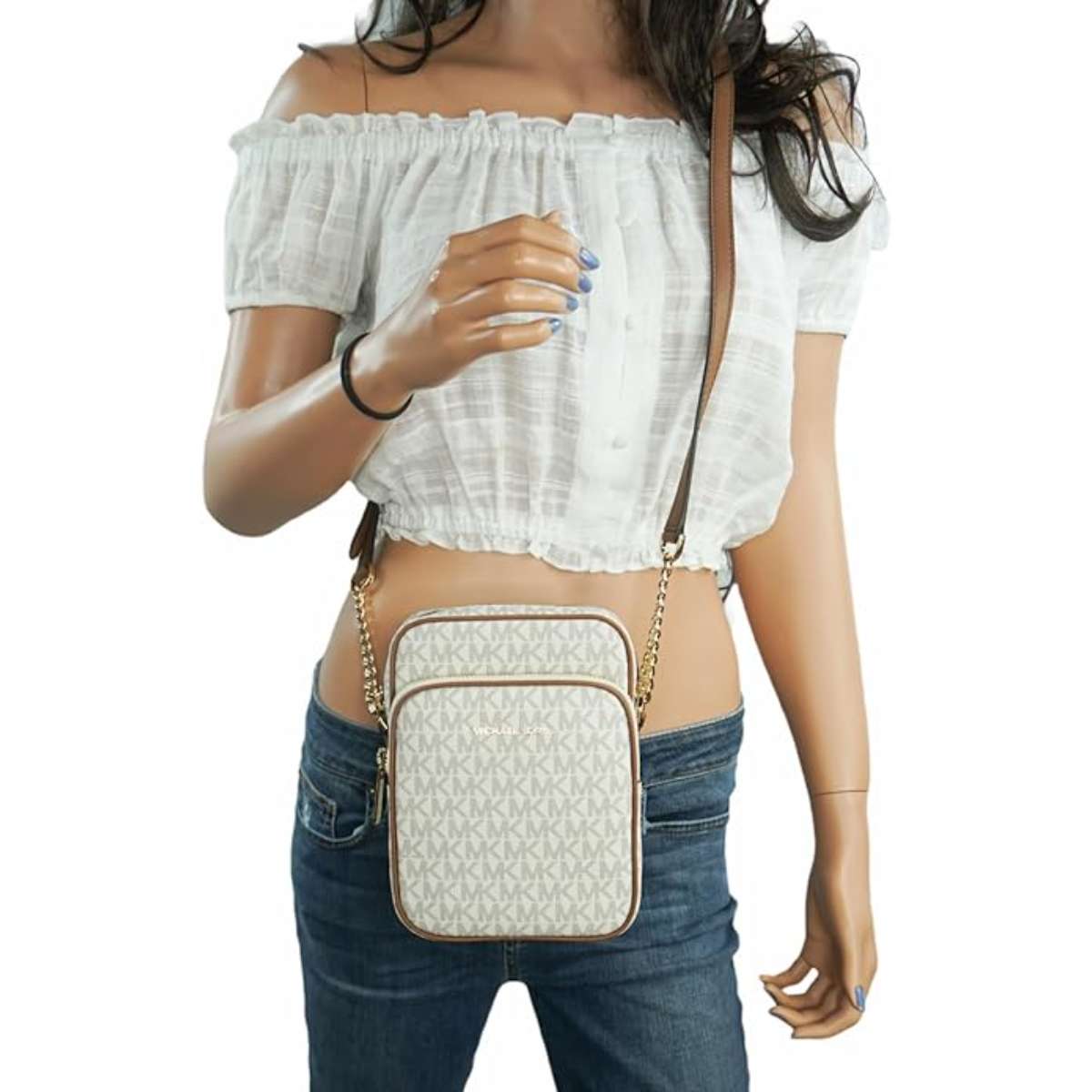 Michael Kors Jet Set Travel Signature PVC Medium Logo Chain Crossbody Flight Bag