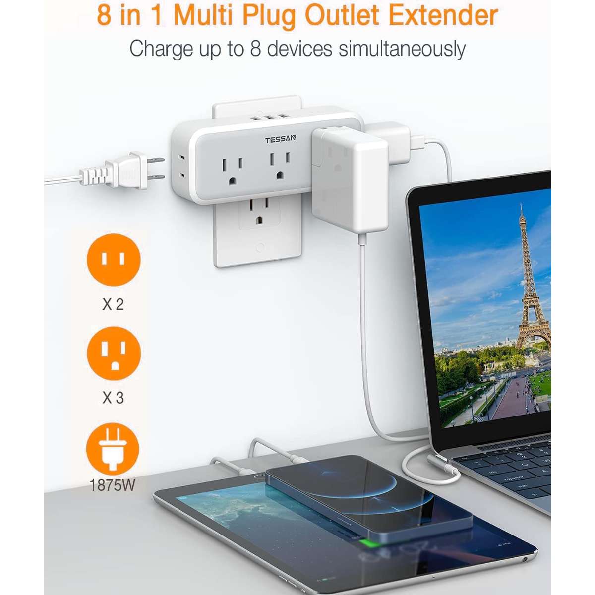 Multi-Plug Socket Distributor, TESSAN Surge Protector 5 Socket Extenders
