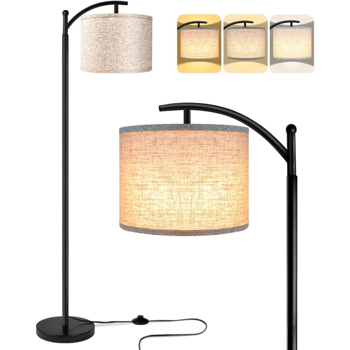 Living room floor lamp, 3 color temperature LED bulbs - black