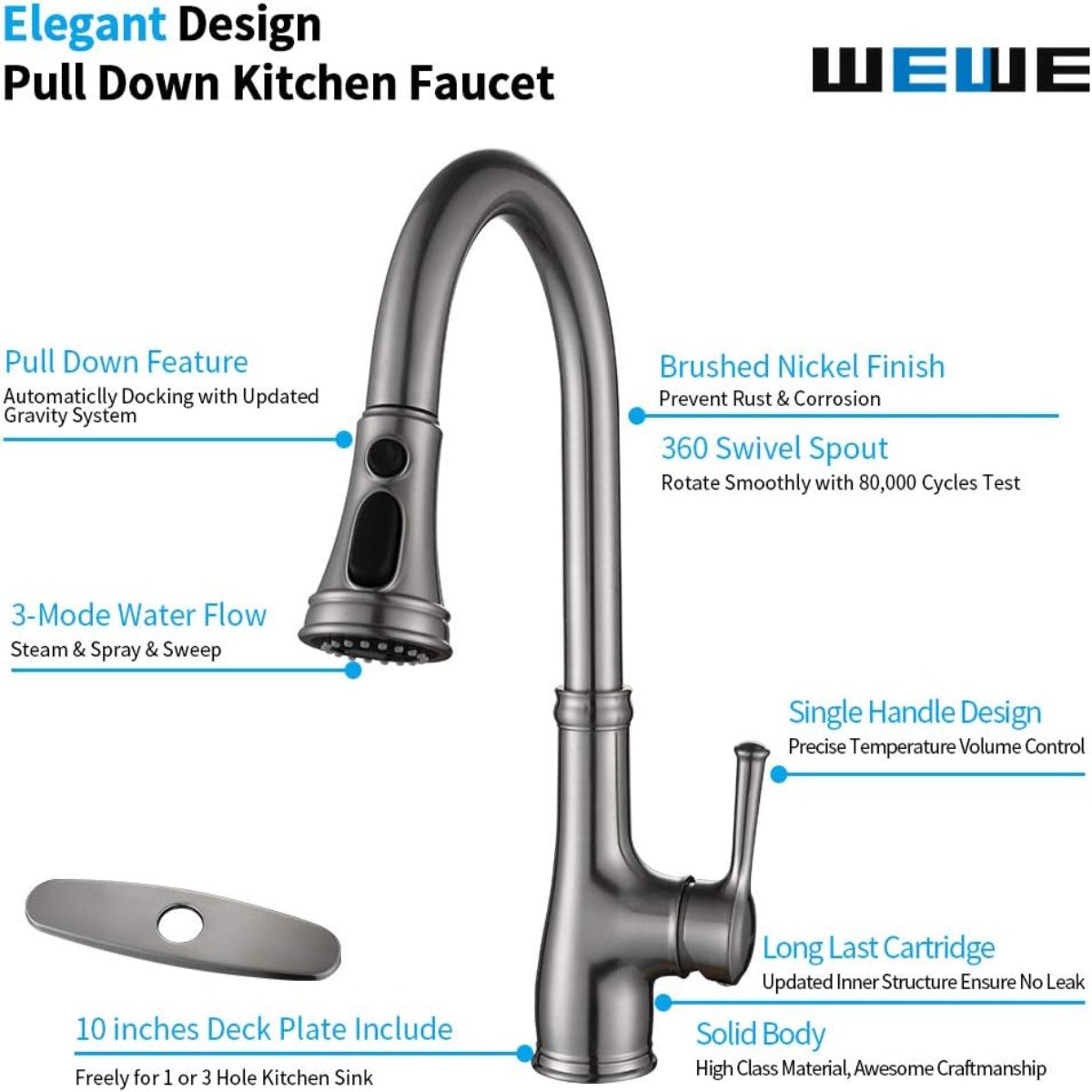 Stainless steel brushed nickel pulls down kitchen sink faucet