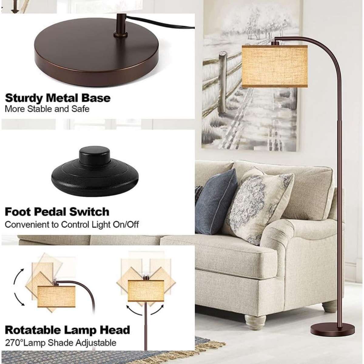 Living room floor lamp, 3 color temperature LED bulbs - black