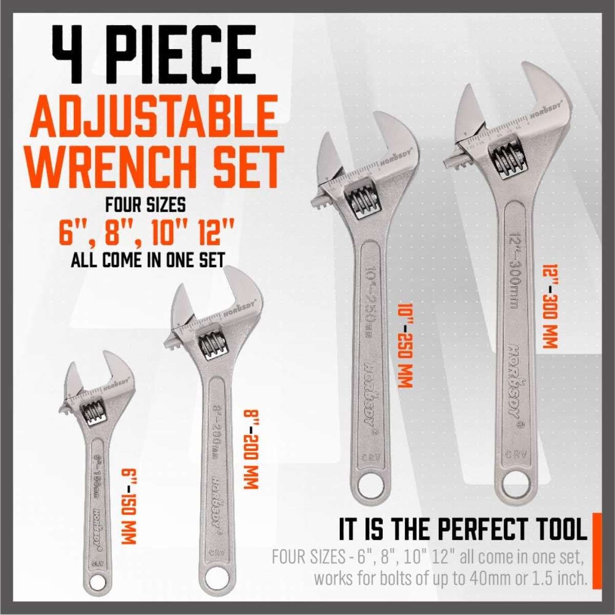 HORUSDY 4-Piece Adjustable Wrench Set, CR-V Steel