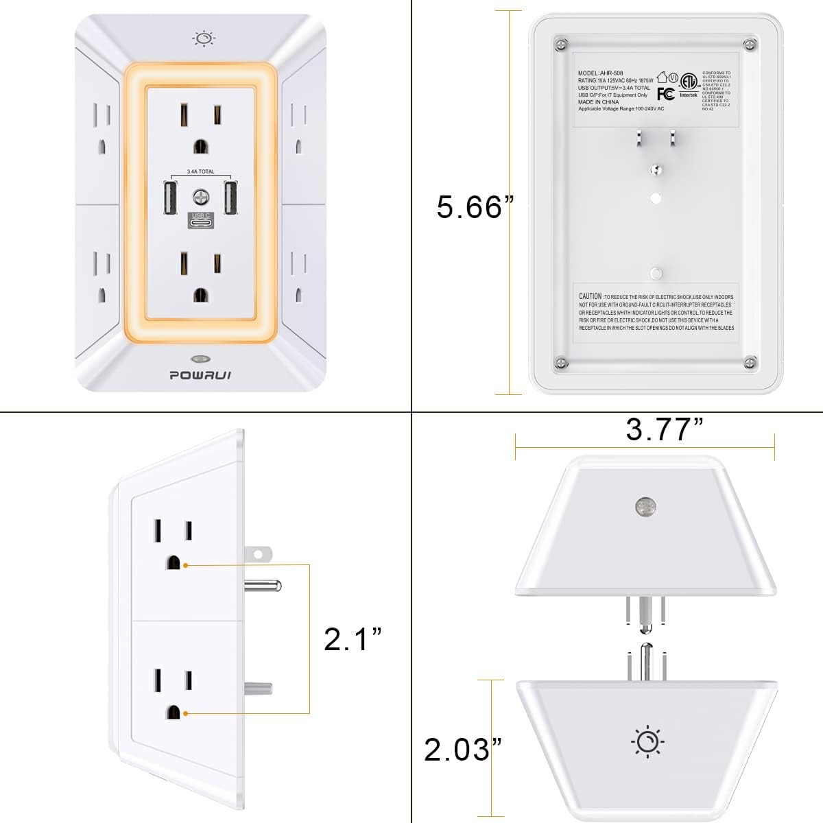 Multi-Plug Socket Surge Protector - White, ETL listed