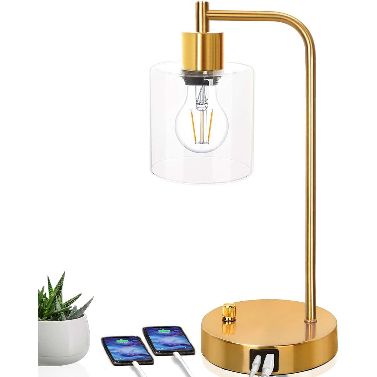 Gold industrial table lamp with 2 USB ports