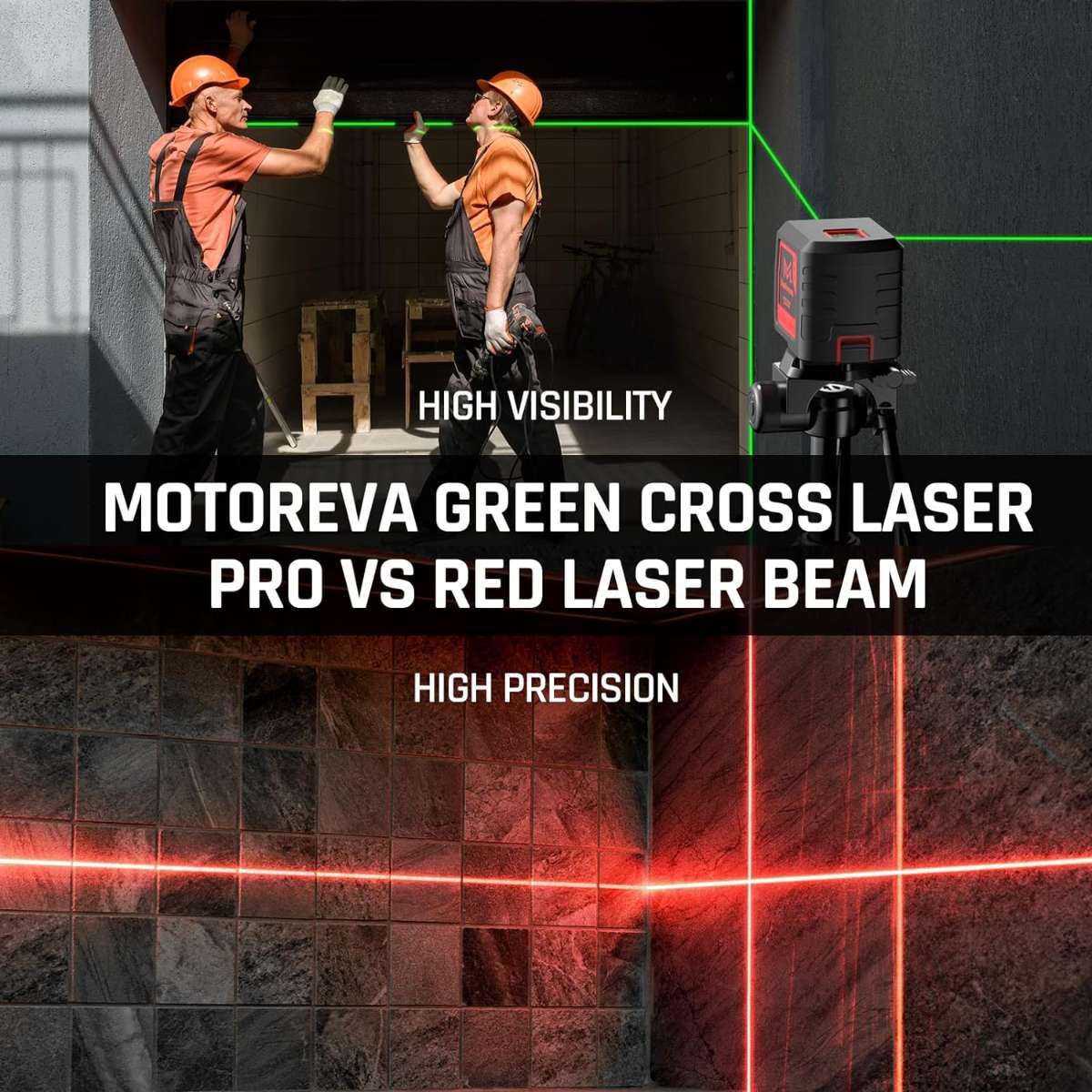 The laser level green crosshair is automatically leveled