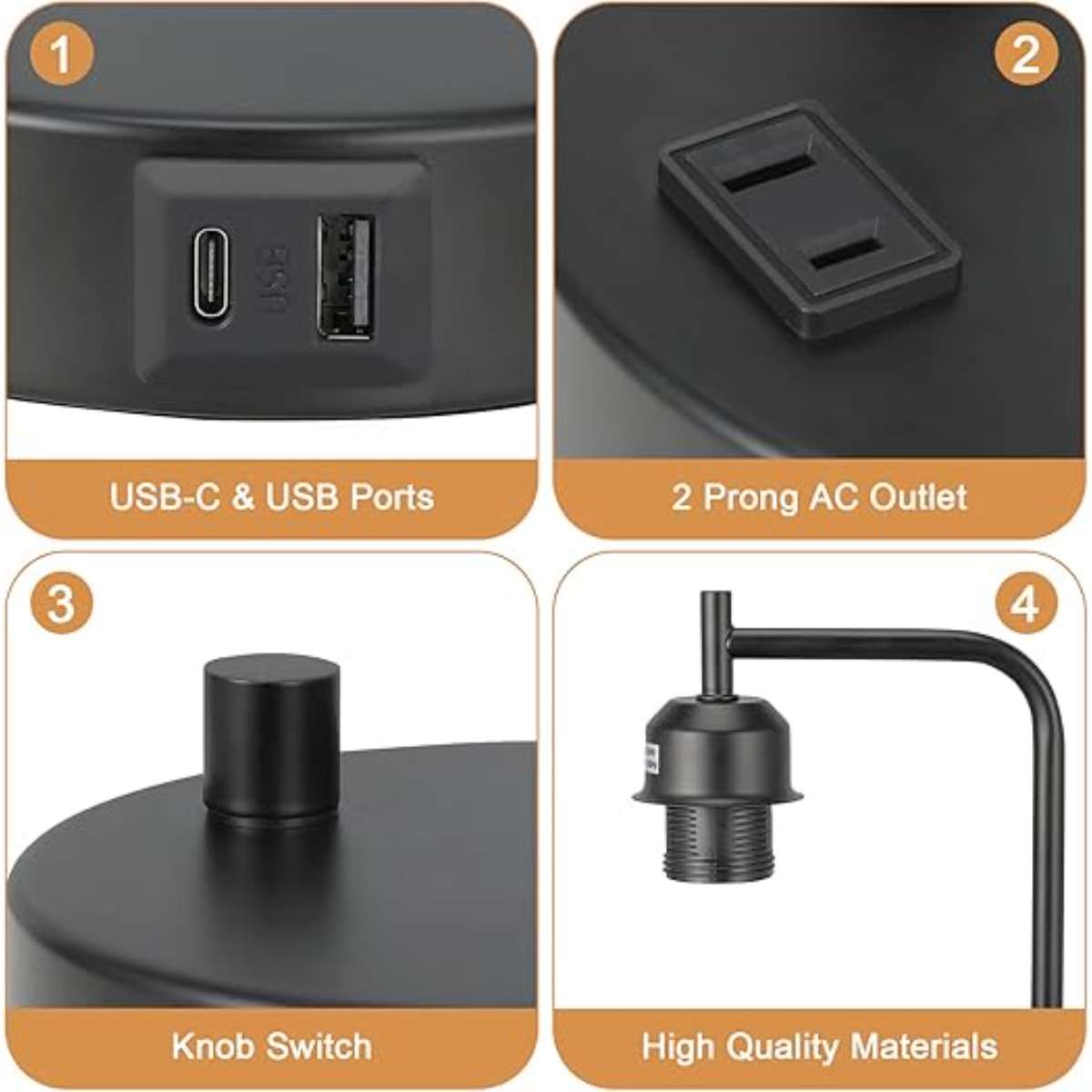 Industrial bedside table lamp for bedroom - Bedside table lamp with USB C charging port