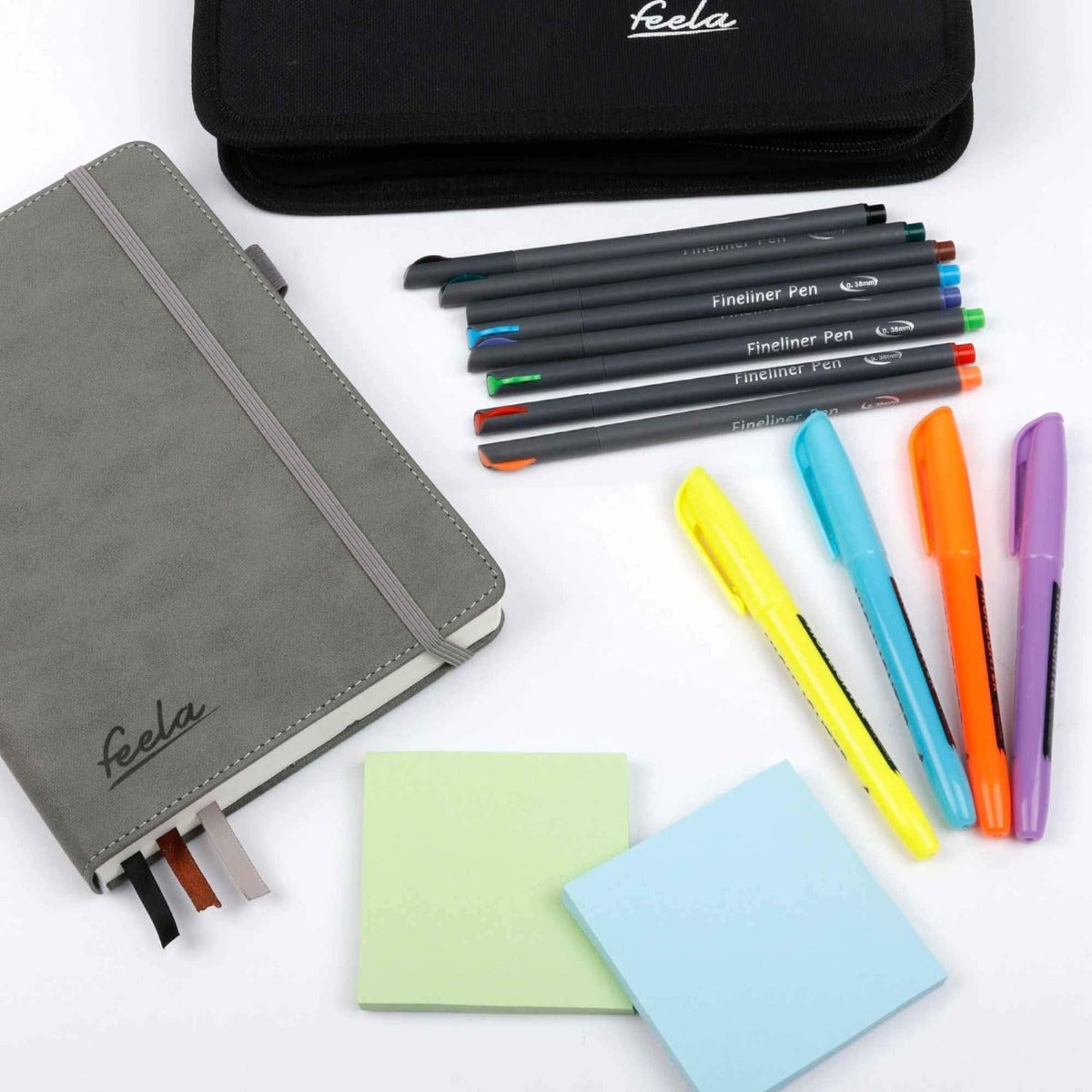 Student school supplies, highlighters, note stickers, fine pens, gray