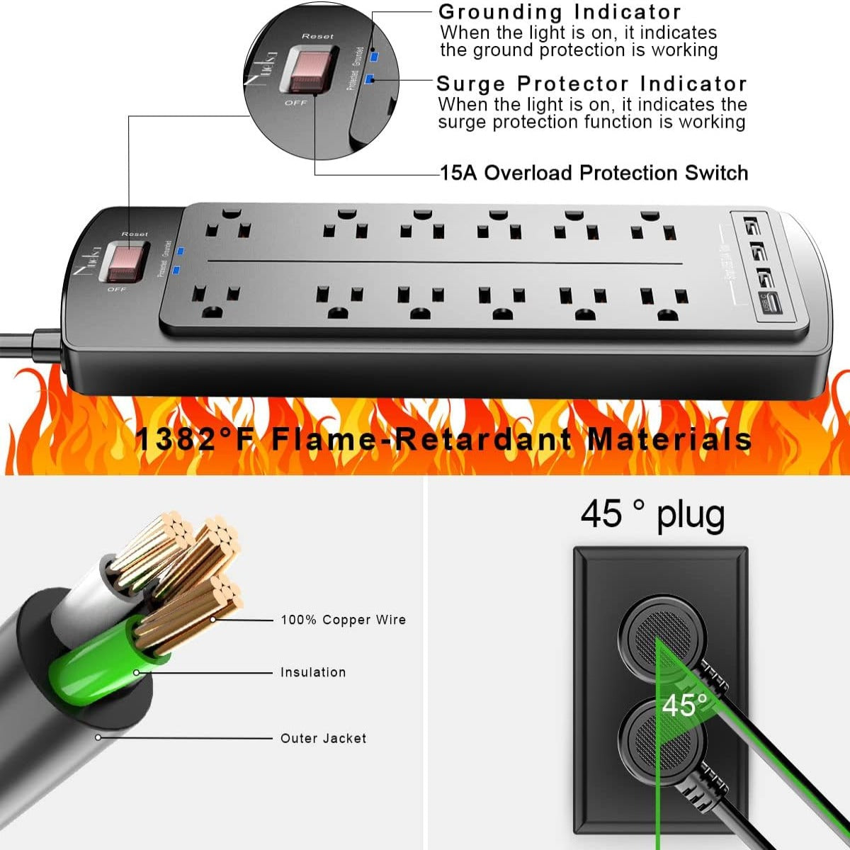 Power board, Nuetsa Surge Protector, 2700 joules, ETL listed (black)