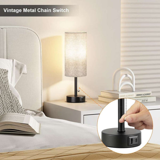 Bedroom bedside table grey bedside lamp with USB A + C charging port