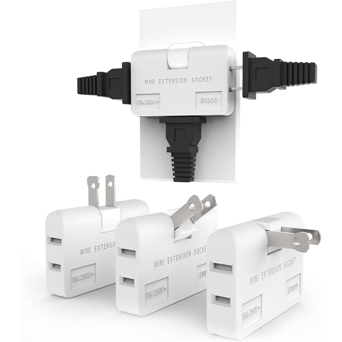 3-Way Flat Wall Outlet Extender AC Adapter, White (3-Pack)