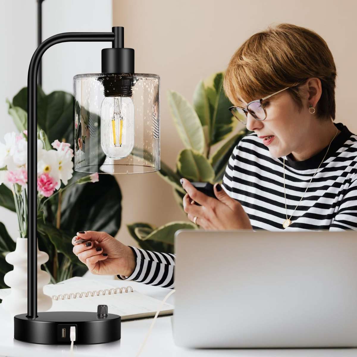 Set of 2 industrial desk lamps with 2 USB ports
