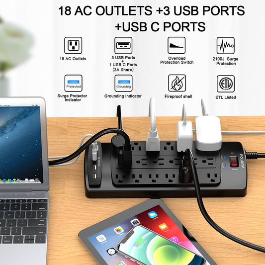 18 Socket Surge Protector Power Strip Black, ETL Certified