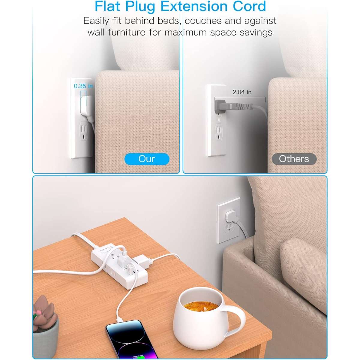 Flat plug power strip, 6 sockets 3 USB ports (2 USB C)