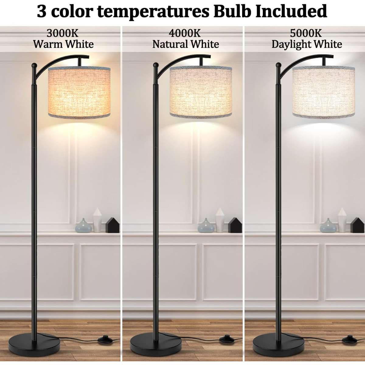 Living room floor lamp, 3 color temperature LED bulbs - black