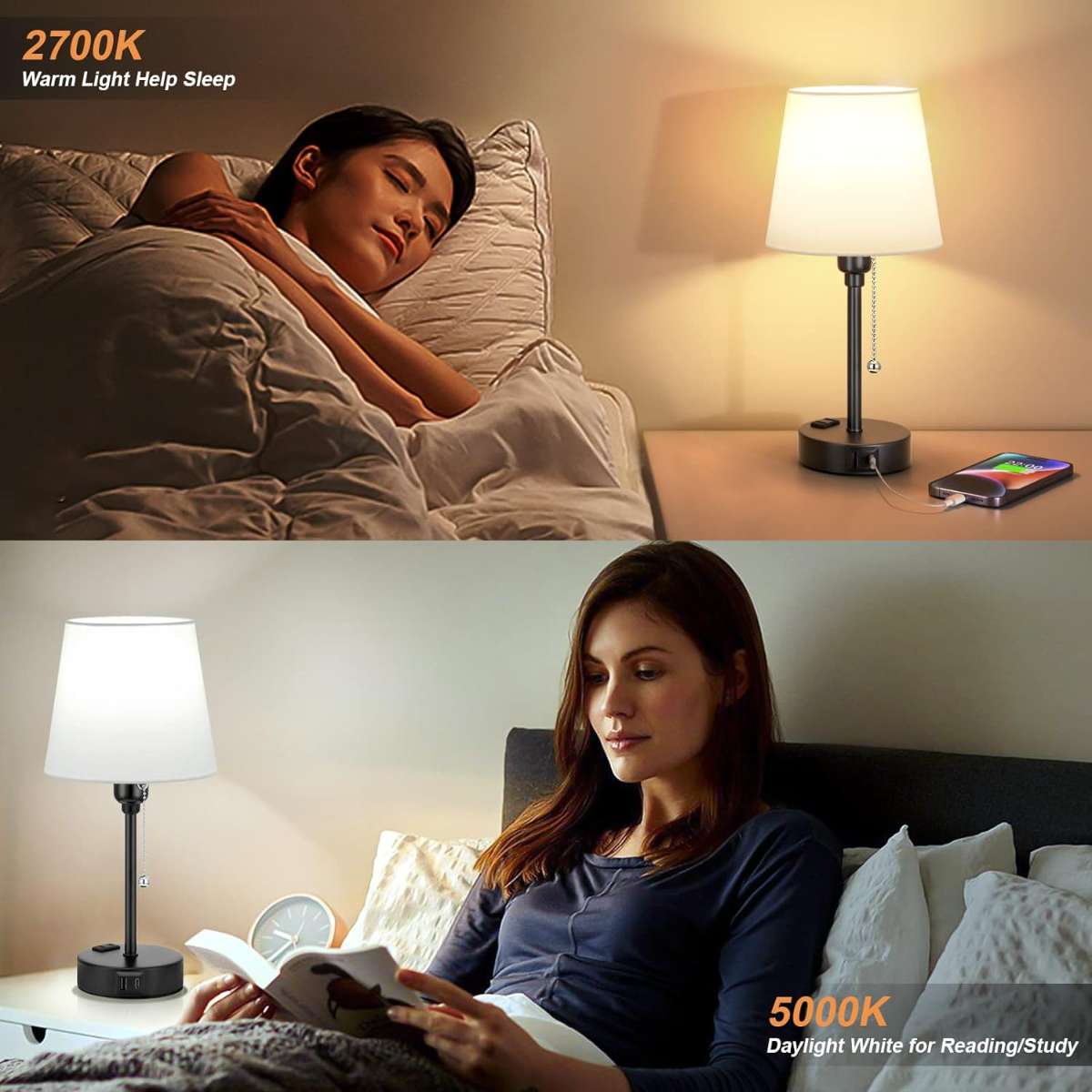 Bedroom bedside lamp, set of 2 with 3 color modes
