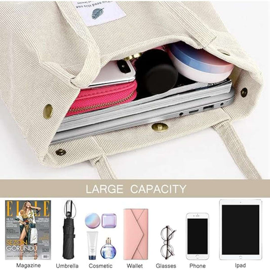 Corduroy Tote Bag for Women Canvas Shoulder Cord Purse with Inner Pocket