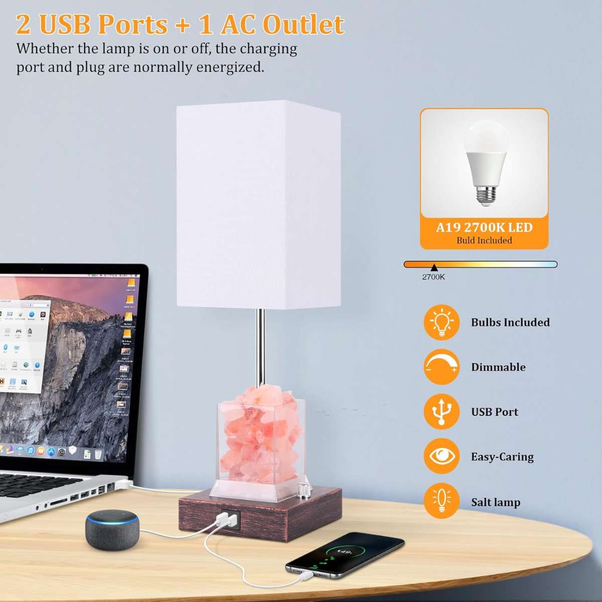 Dott Arts Touch Table Lamp with USB port and AC power outlet