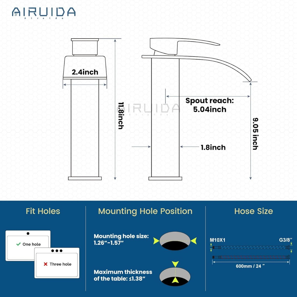 Airuida High bathroom faucet single handle single hole large waterfall spout
