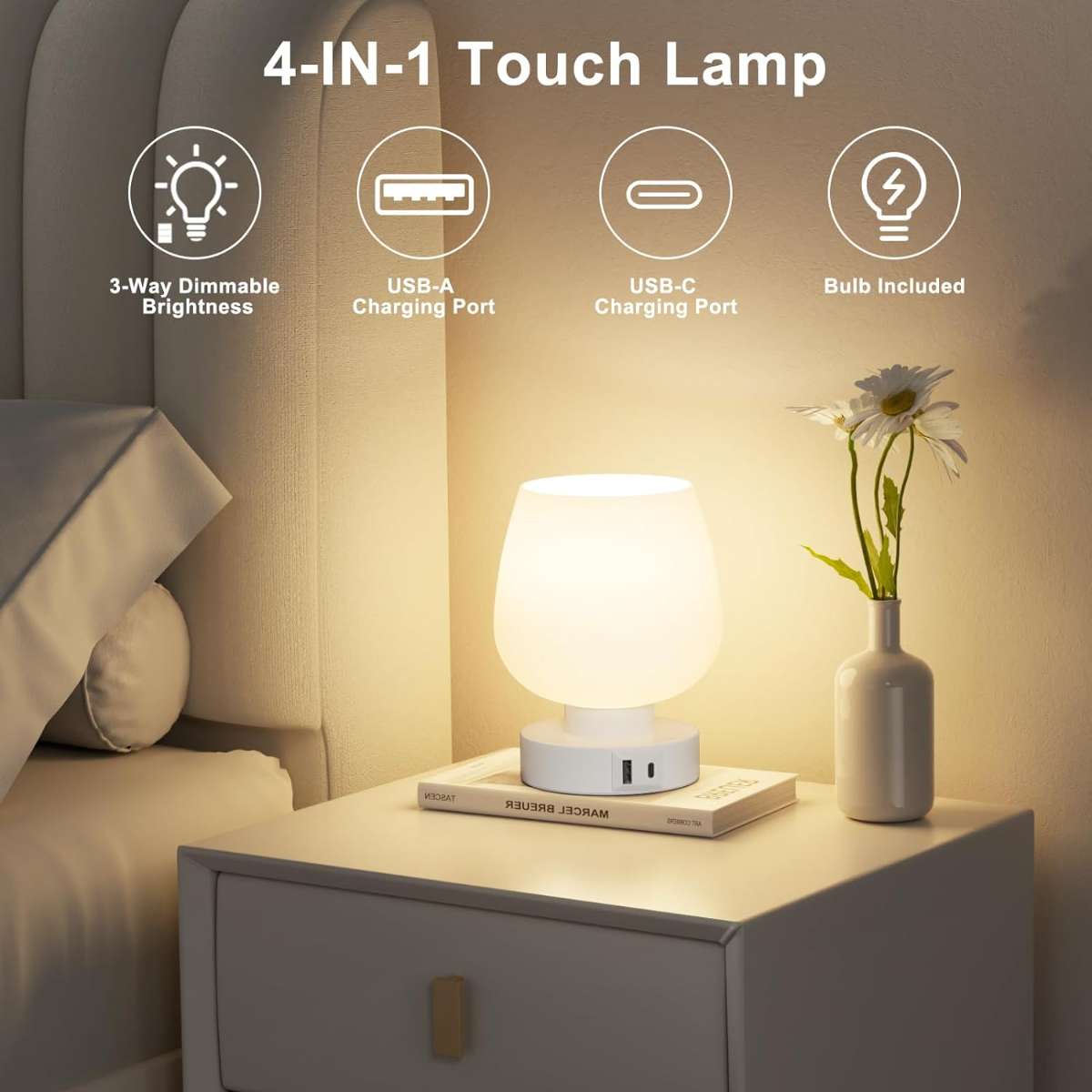 Kakano bedside lamp with glass shade