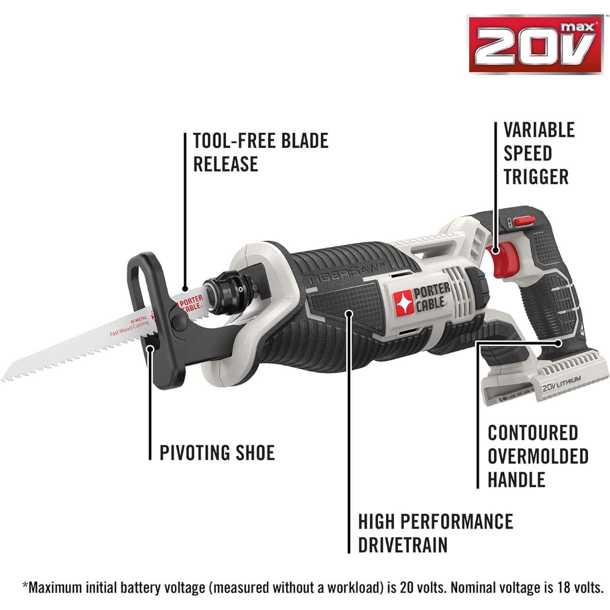 PORTER-CABLE 20V MAX* Reciprocating Saw, Tool Only (PCC670B)