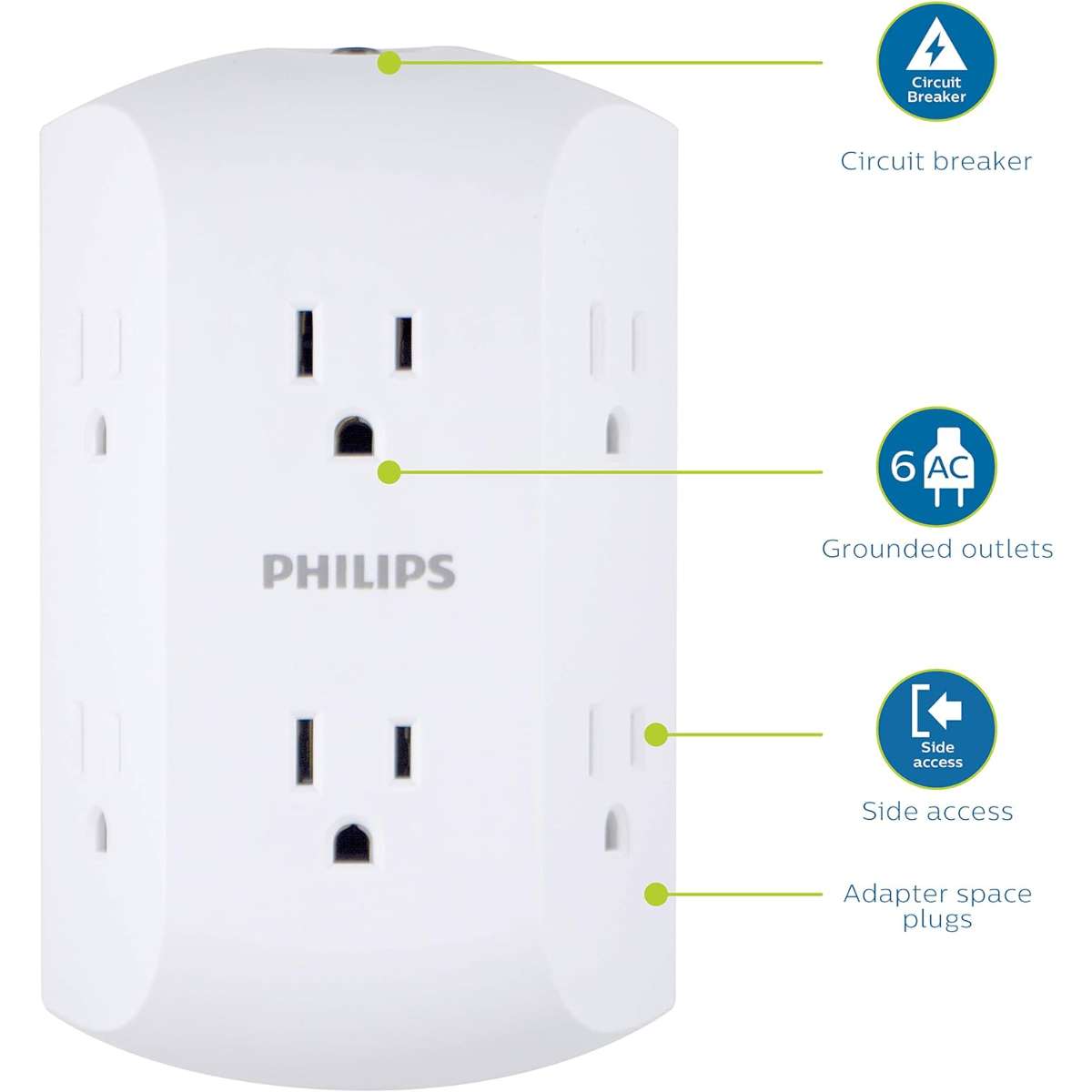 Philips 6 Socket Extender, Ground Wall Tap, White, SPS1460WA/37