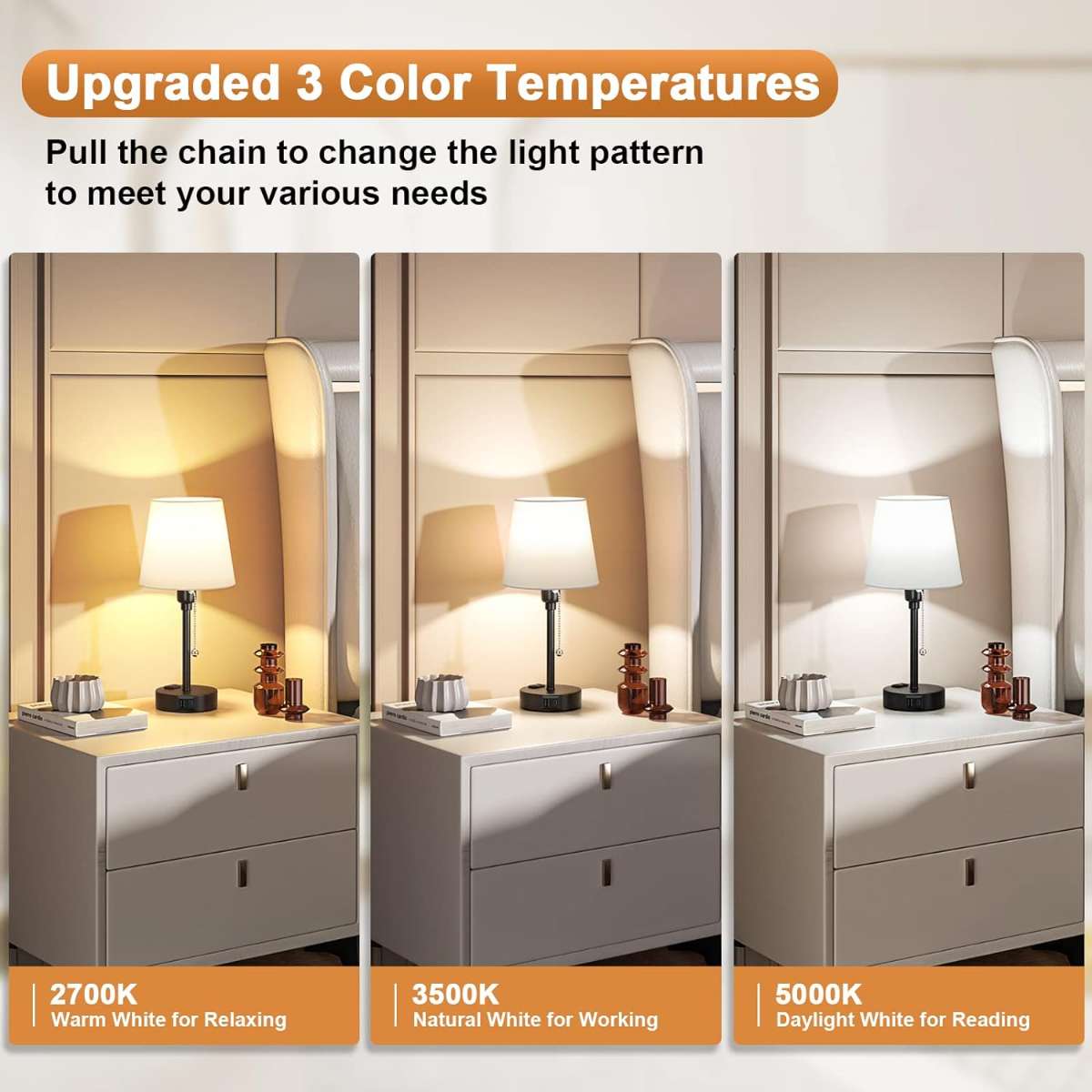 Bedroom bedside lamp, set of 2 with 3 color modes