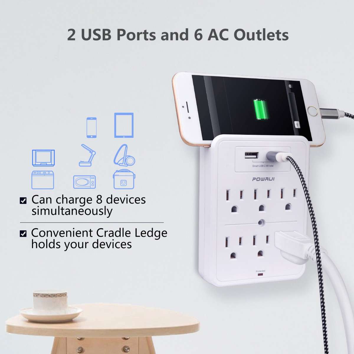 POWRUI Surge Protector, White, ETL Listed