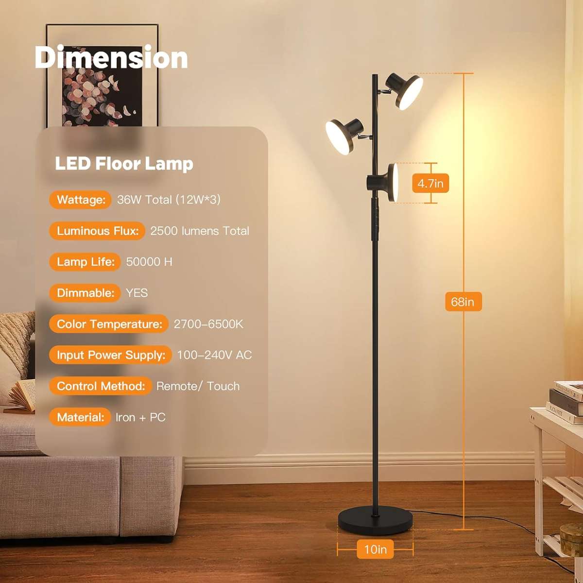 36W LED Tree Floor Light with Remote Control and Touch Control