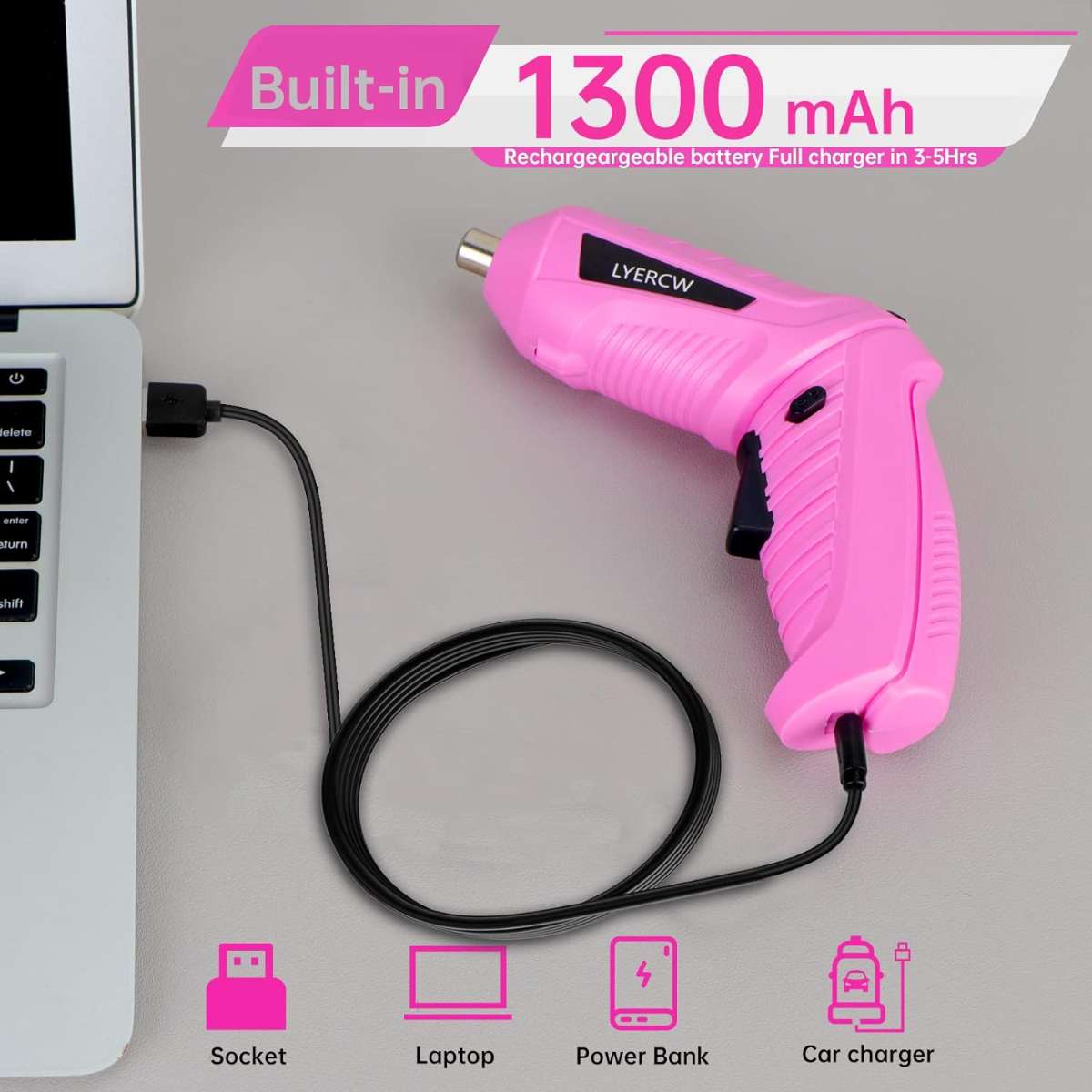 Pink cordless screwdriver set with rechargeable battery and charger