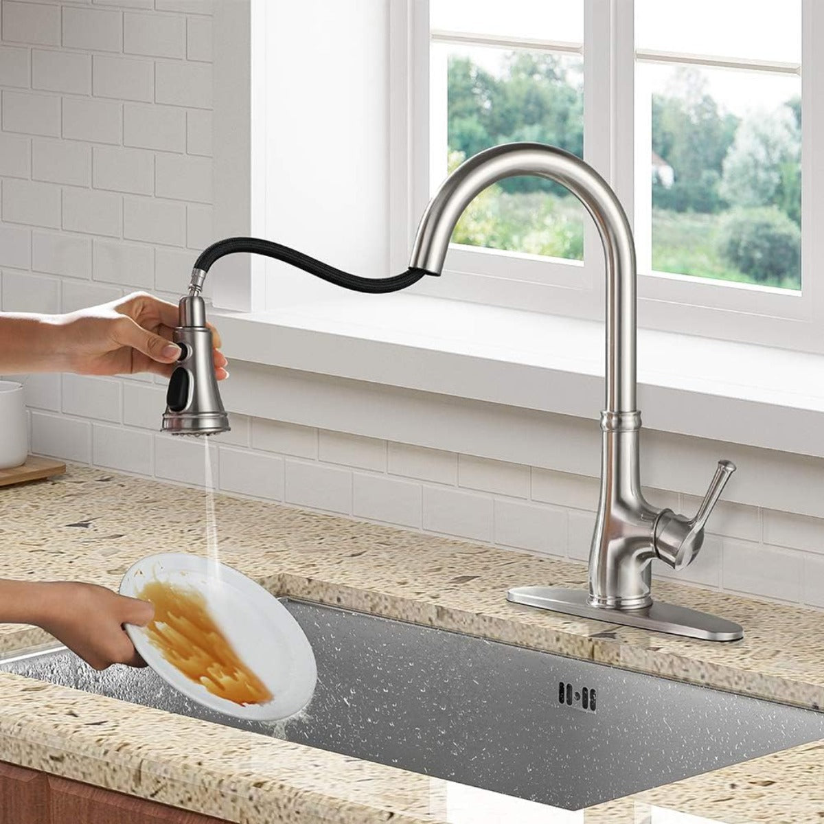 Stainless steel brushed nickel pulls down kitchen sink faucet