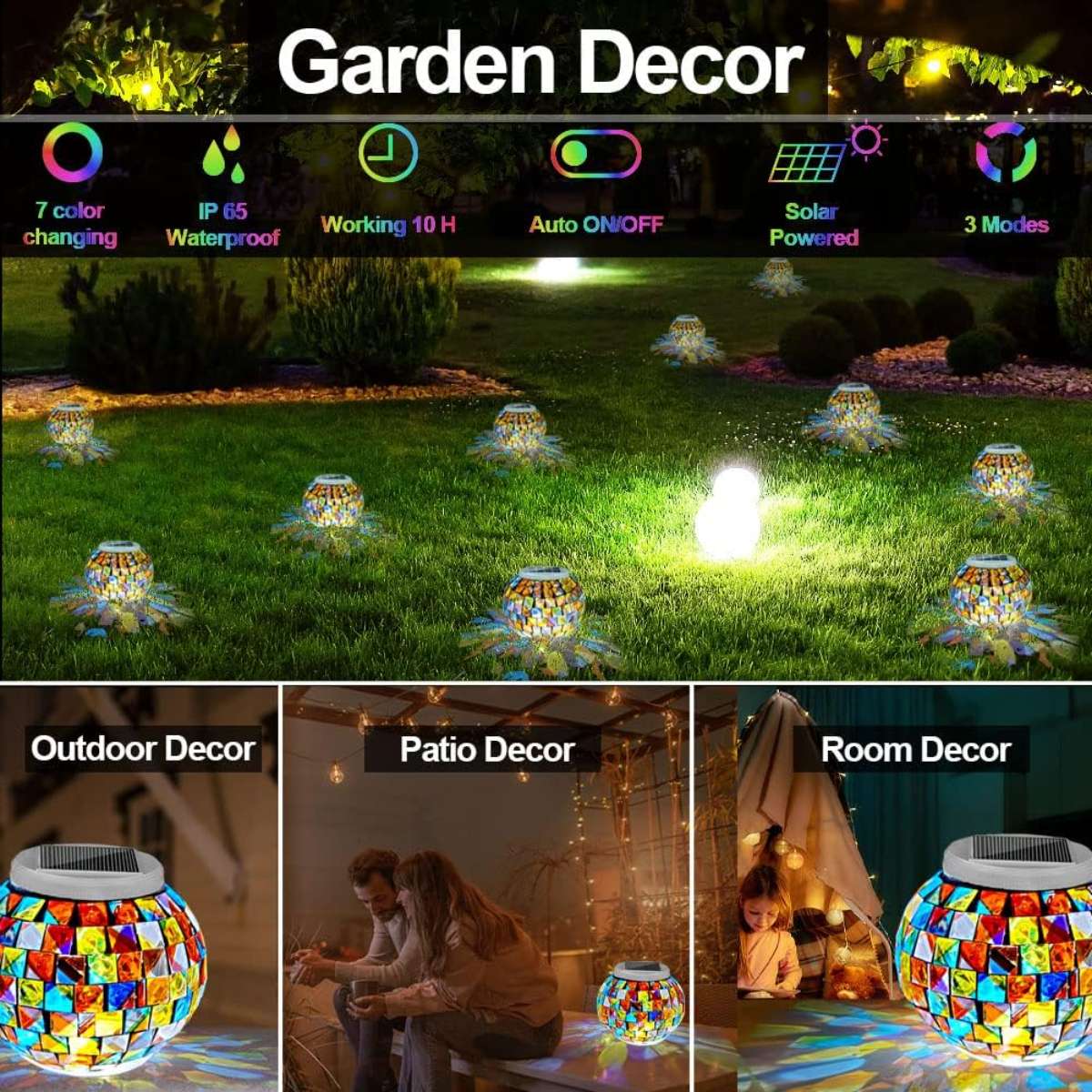 Aukora Color Changing Solar Glass Ball Garden Light, LED Night Light (Mosaic Glass)
