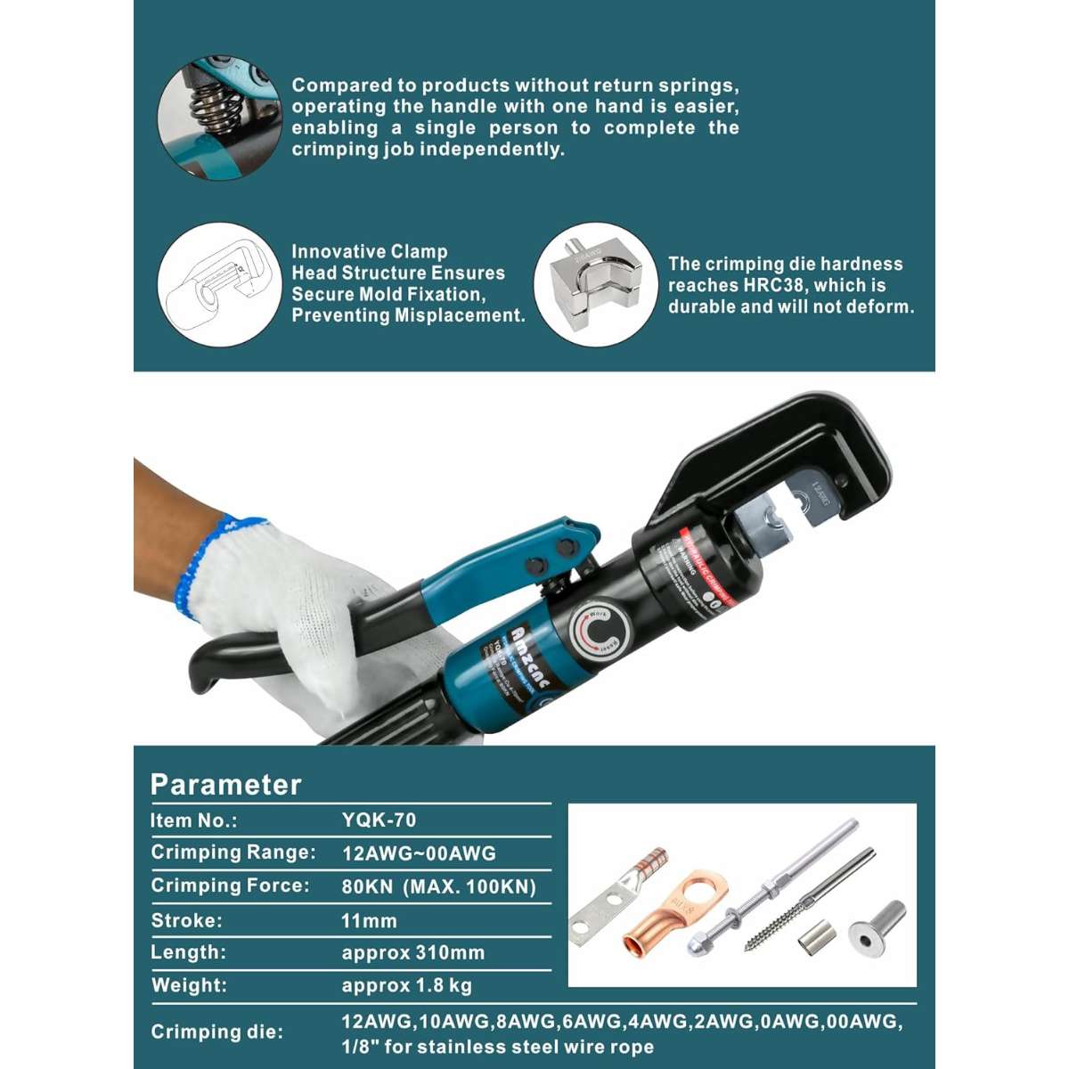 AMZCNC Hand Hydraulic Crimping Tool Series 12 AWG-2/0 AWG