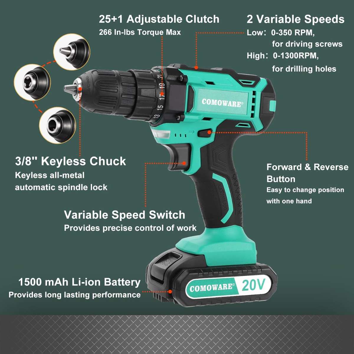 COMOWARE 20V CORDLESS DRILL