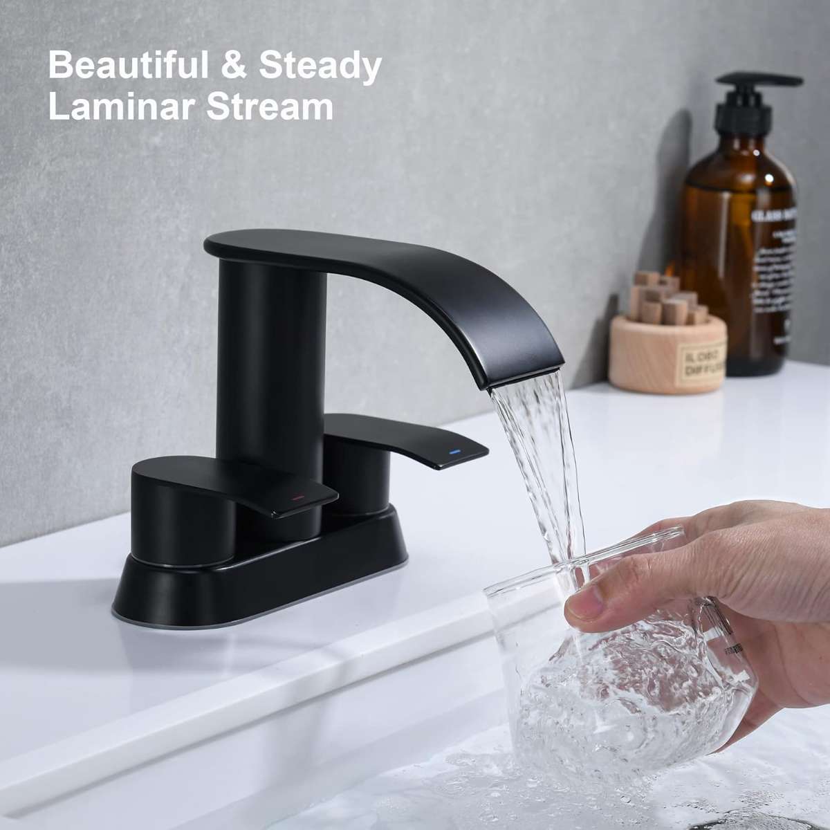 Waterfall bathroom sink faucet matte black