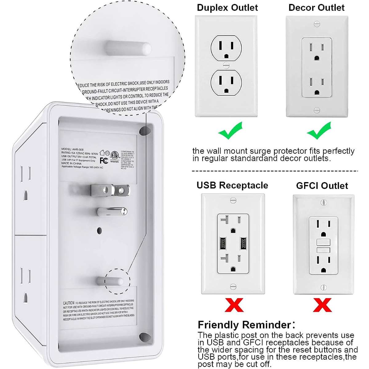 Multi-Plug Socket Surge Protector - White, ETL listed