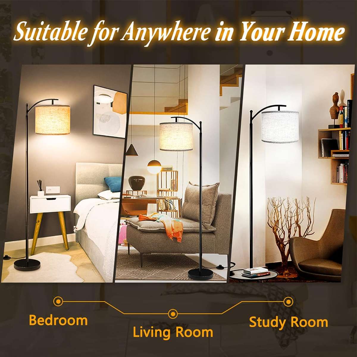 Living room floor lamp, 3 color temperature LED bulbs - black