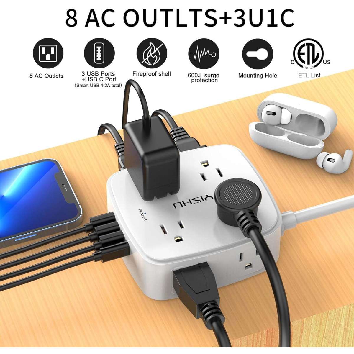 6 ft Surge Protector Power Strip - 8 pcs., ETL, White